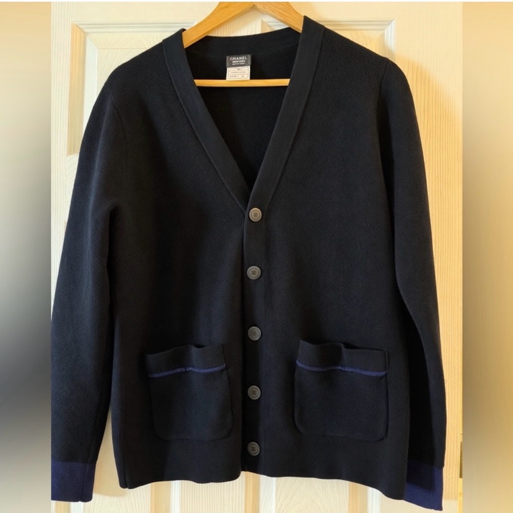 Lands' End Men's Black Cardigan with Blue Trim